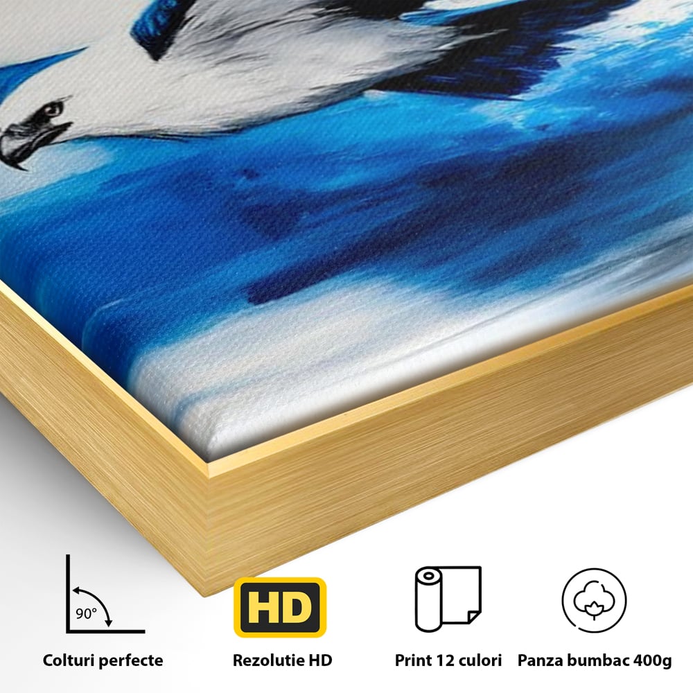 Detaliu al suprafetei: tablou canvas cu vultur zburand peste apa, in rama de aluminiu auriu